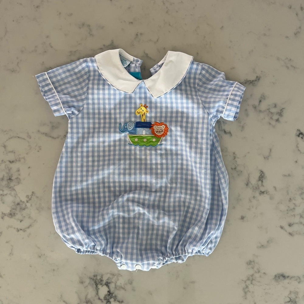 Blue Gingham Baby Romper with Animal Embroidery